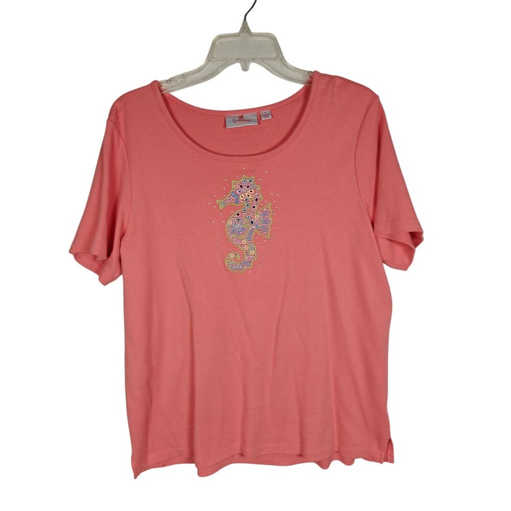 Vtg Quacker Factory Coral T-Shirt Seahorse Rhinestone Size Large & 100% Cotton